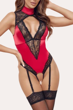 Cottelli Collection Bodys * Ouvert-Body rot schwarz mit Spitze