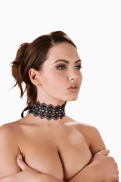 Cottelli Collection Körperschmuck * Spitzenhalsband mit Perlen und Strasssteinen