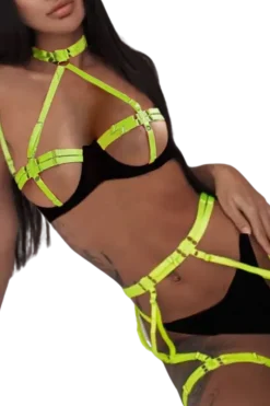 Liebeslust Reizwäsche Sets|Neon Dessous * 4tg. Deou et it Bändern - chwarz neongrün