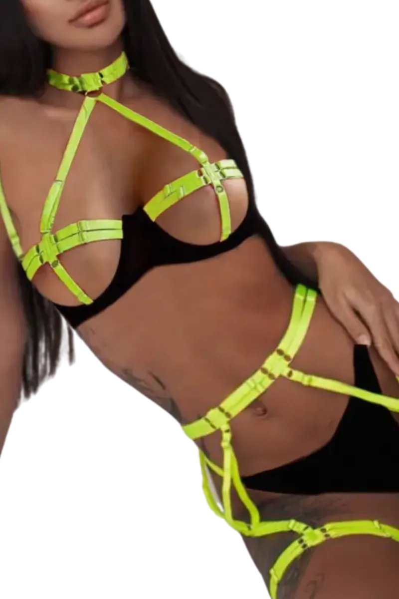 Liebeslust Reizwäsche Sets|Neon Dessous * 4tg. Deou et it Bändern - chwarz neongrün