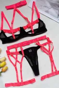 Liebeslust Reizwäsche Sets|Neon Dessous * 4tg. Deou et it Bändern - chwarz neonpink