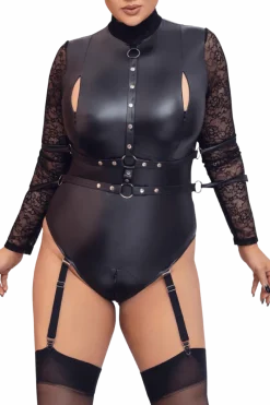 Cottelli Collection Plus Size Kinky * Wetlook Body mit Spitzenärmeln Plus Size